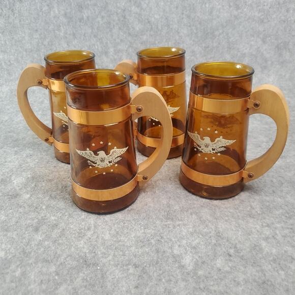 Siesta Ware Amber Glasses Set of 4 Patriotic Eagle Wooden Handle Mug Stein - Picture 3 of 10